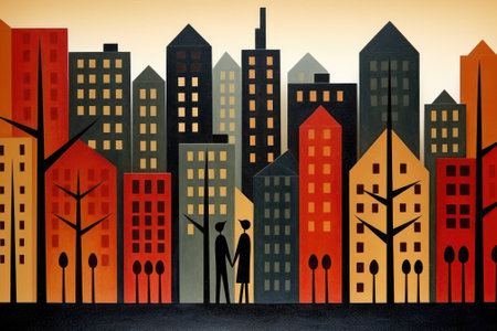 A cityscape with buildings and trees, AIの素材