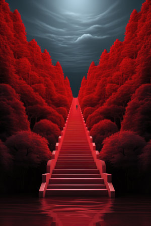 A staircase leading up to a red forest, AIの素材