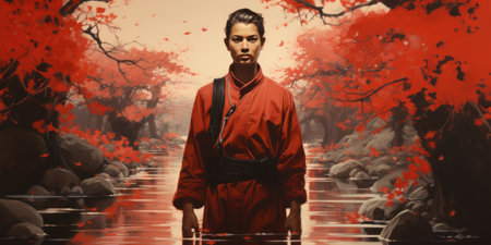 A man in red robes standing in a river, AIの素材