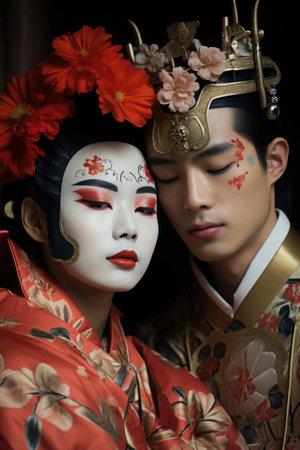 A couple in Chinese traditional clothing with red flowers, AIの素材