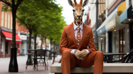 A giraffe wearing a suit and tie sitting on a bench, AIの素材