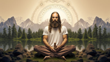 A man with long hair and beard sitting in a lotus position, AIの素材