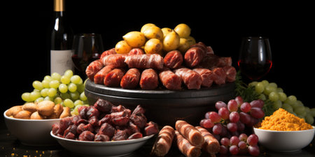 A large bowl of grapes, nuts, and meats, AIの素材