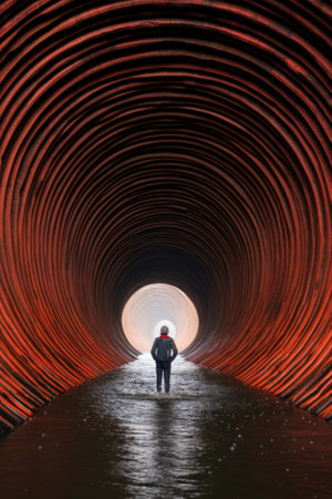 A man walking through a tunnel with red pipes, AIの素材