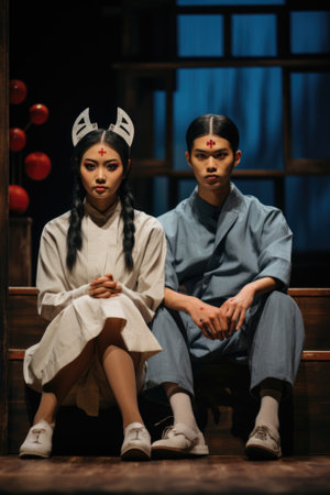 Two people in traditional chinese clothing sitting on a bench, AIの素材