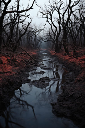 A river runs through a forest with dead trees, AIの素材