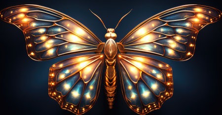 A golden butterfly with glowing wings on a dark background, AIの素材