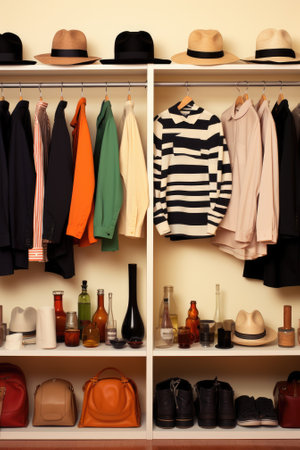 A closet with clothes and hats, AIの素材