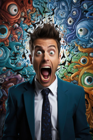A man in a suit and tie is screaming in front of a colorful background, AIの素材