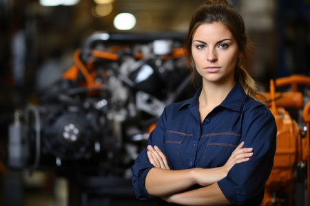 A woman in a blue shirt standing in front of a car, AIの素材