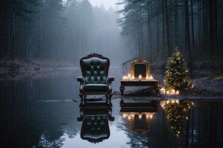 A chair and a christmas tree sit in a pond, AIの素材