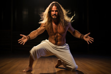 A man with long hair and a shirt is doing yoga, AIの素材