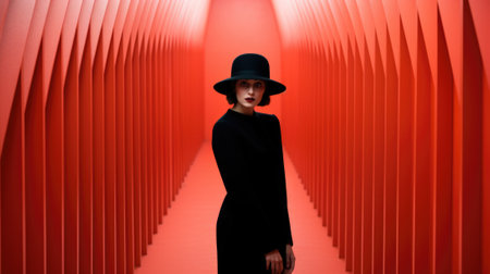 A woman in a black hat and black dress standing in an empty red tunnel, AIの素材