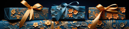 Three blue gift boxes with gold ribbons and bows, AIの素材