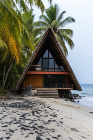 A house on the beach with palm trees, AIの素材