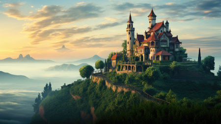 Fantasy castle on the top of a mountain, AIの素材