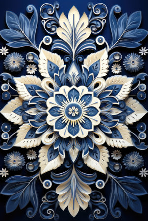A blue and white floral design on a dark background, AIの素材