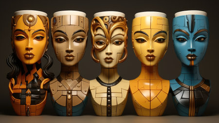 Five different colored vases with different faces on them, AIの素材