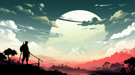 A man standing on a hill with a rifle in his hand, AIの素材