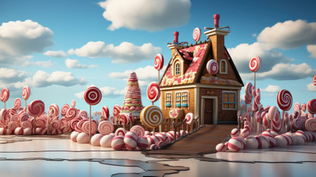 A house with candy on top of it and candy on the ground, AIの素材