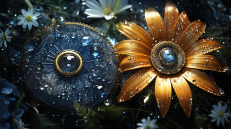 A flower and a golden mask are sitting on a dark background, AIの素材