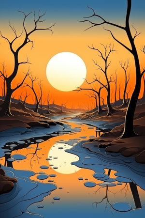 A painting of a sunset with a river and trees, AIの素材