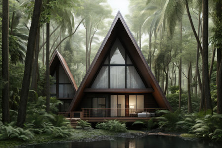 Three triangular shaped cabins in the middle of a forest, AIの素材
