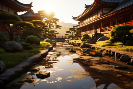 A japanese garden with a stream and rocks, AIの素材