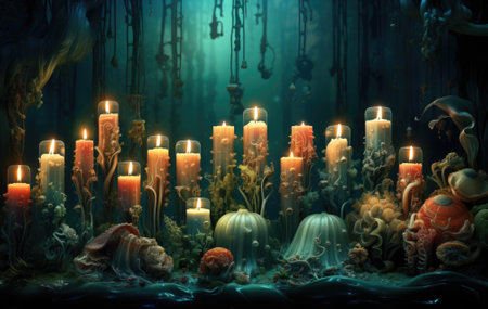 Candles are lit in a dark underwater scene, AIの素材