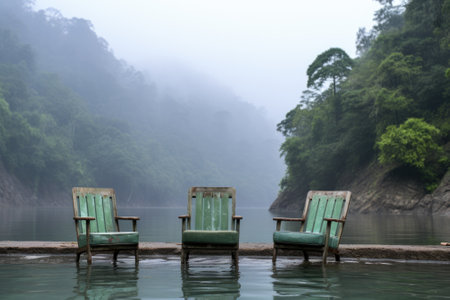 Three chairs sitting on a dock, AIの素材