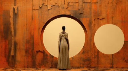 A woman standing in front of a wall with two circles, AIの素材