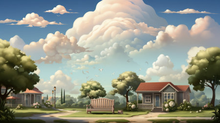 An animated scene of a small town with houses and trees, AIの素材