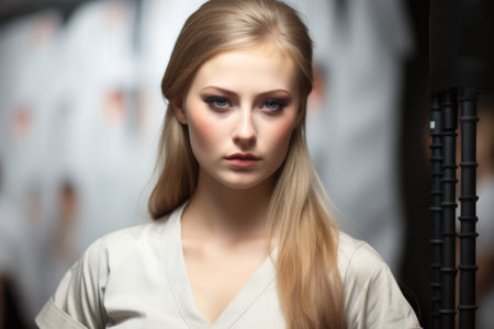 A beautiful blonde woman in a white shirt, AIの素材
