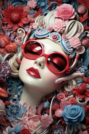 A woman with red sunglasses and flowers on her head, AIの素材