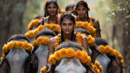 A group of women riding on the backs of elephants, AIの素材