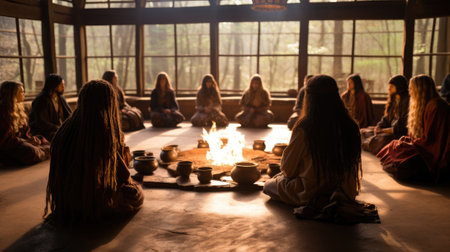 A group of women sitting around a fire pit, AIの素材