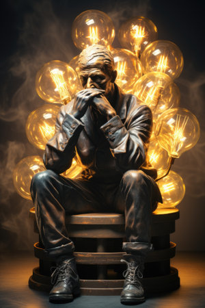 A statue of a man sitting in front of a bunch of light bulbs, AIの素材