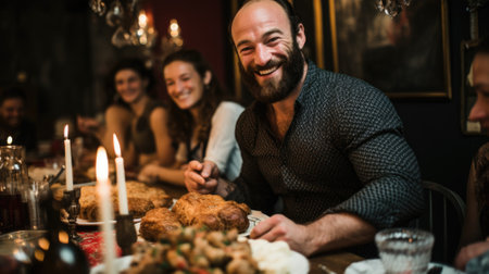 A group of people sitting around a table with food, AIの素材