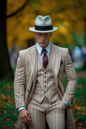A man in a suit and hat standing in a park, AIの素材