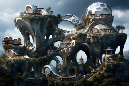 A futuristic building with a lot of windows on top of it, AIの素材