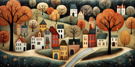 A painting of a town with a river running through it, AIの素材