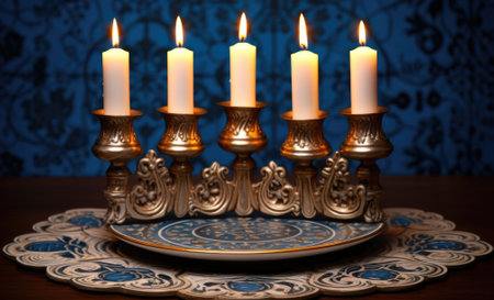 Three lit candles sit on a plate on a table, AIの素材