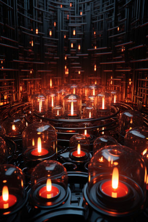 A group of lit candles in a dark room, AIの素材