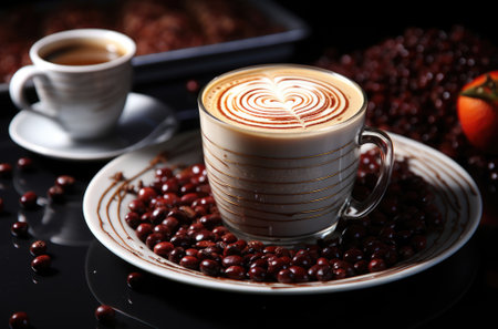 A cup of coffee on a plate next to a plate of beans, AIの素材