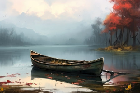 A painting of a boat on a lake, AIの素材