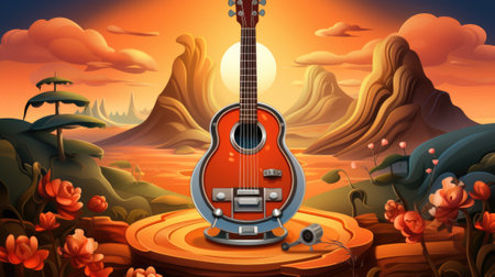 A guitar sitting on top of a tree stump, AIの素材