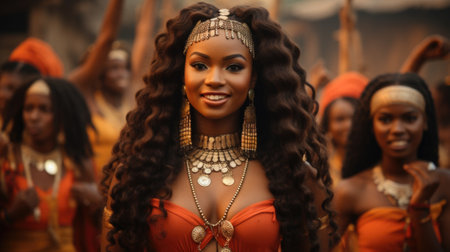 A woman in a red dress is standing in front of a group of other women, AIの素材