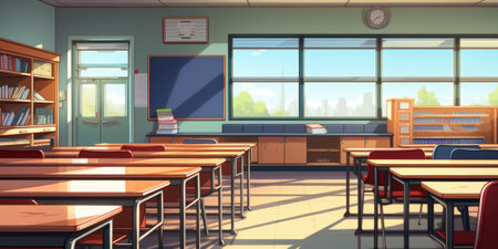 A classroom with desks and a clock on the wall, AIの素材