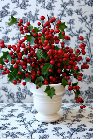 A white vase filled with red berries on top of a table, AIの素材