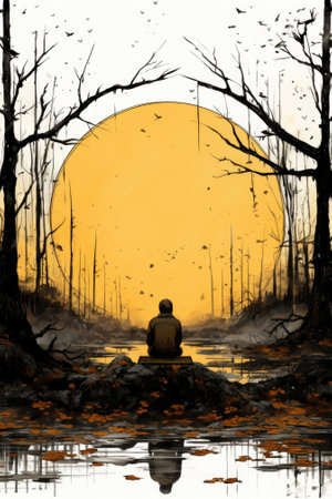 A man sitting on a rock in front of a lake, AIの素材